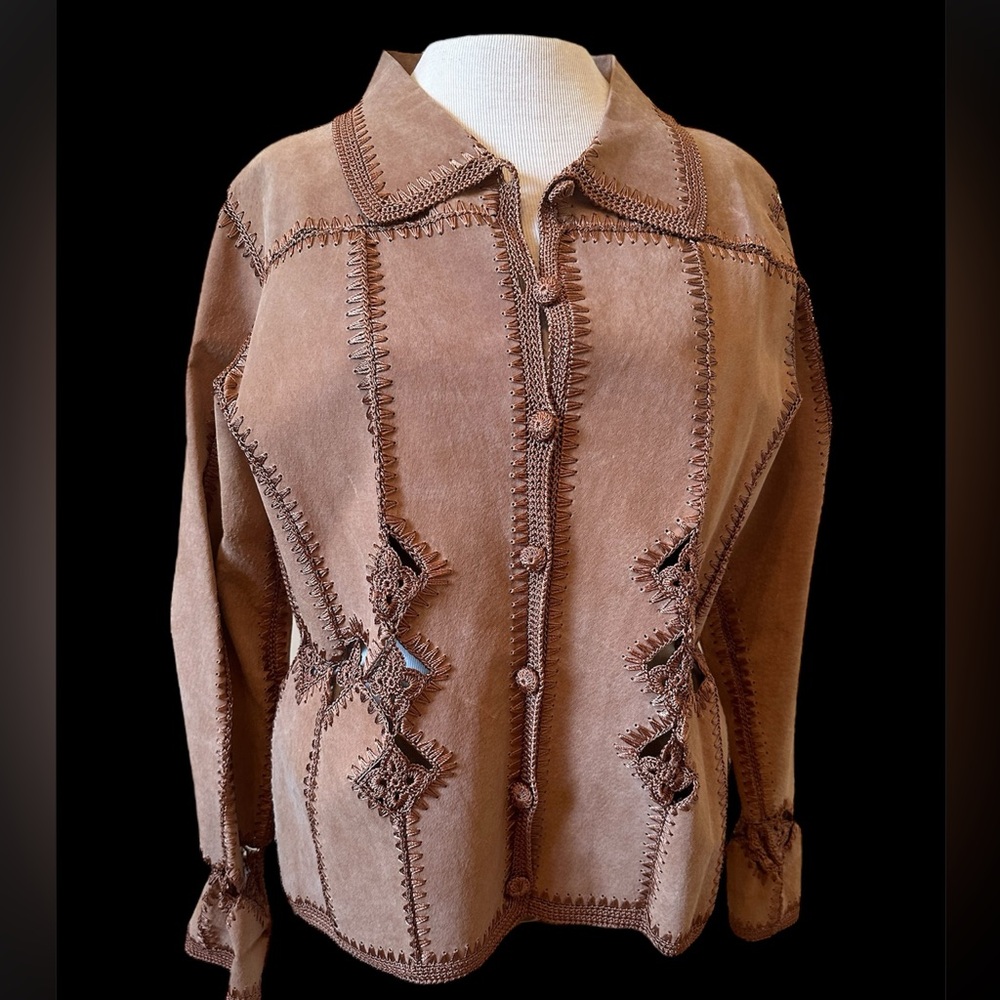 Vintage Carducci Suede Pieced Jacket with Crochet Accents Sz M, Lt Brown